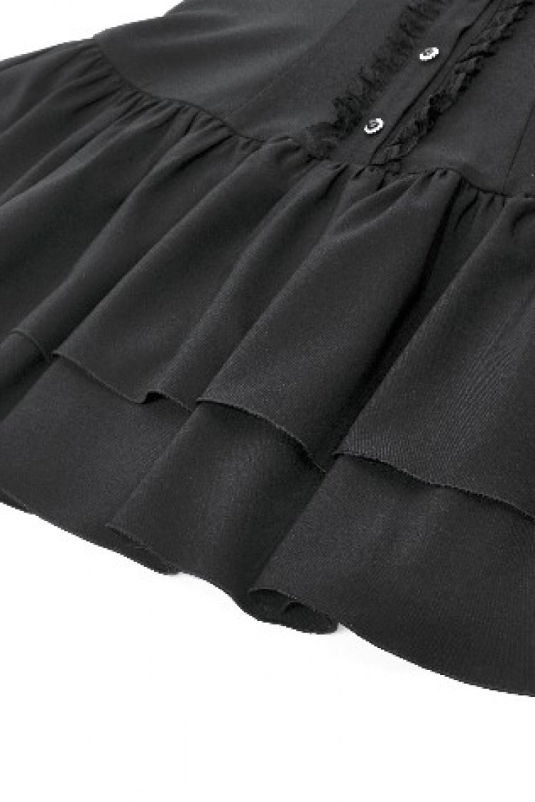 Pleated Bow Lace-Up Short Sleeve Gothic Lolita Dress - Black