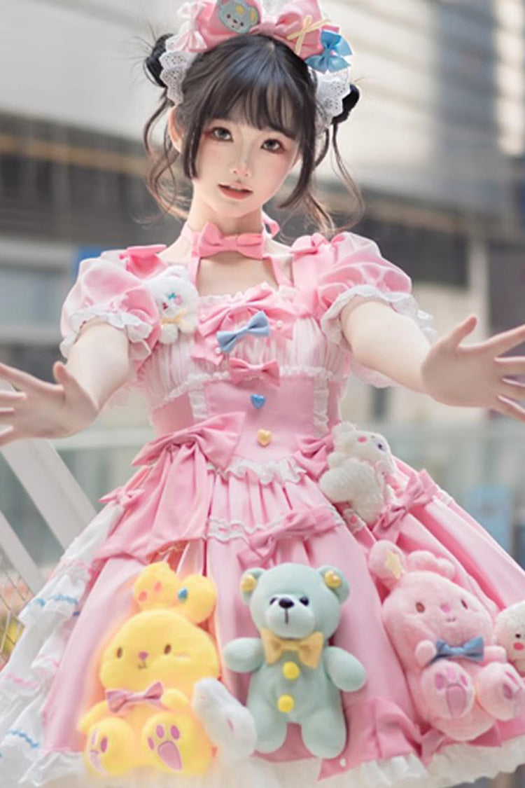 Pink Square-Collar Doll-Print Detachable-Sleeve Bow-Trimmed Princess Sweet Dress