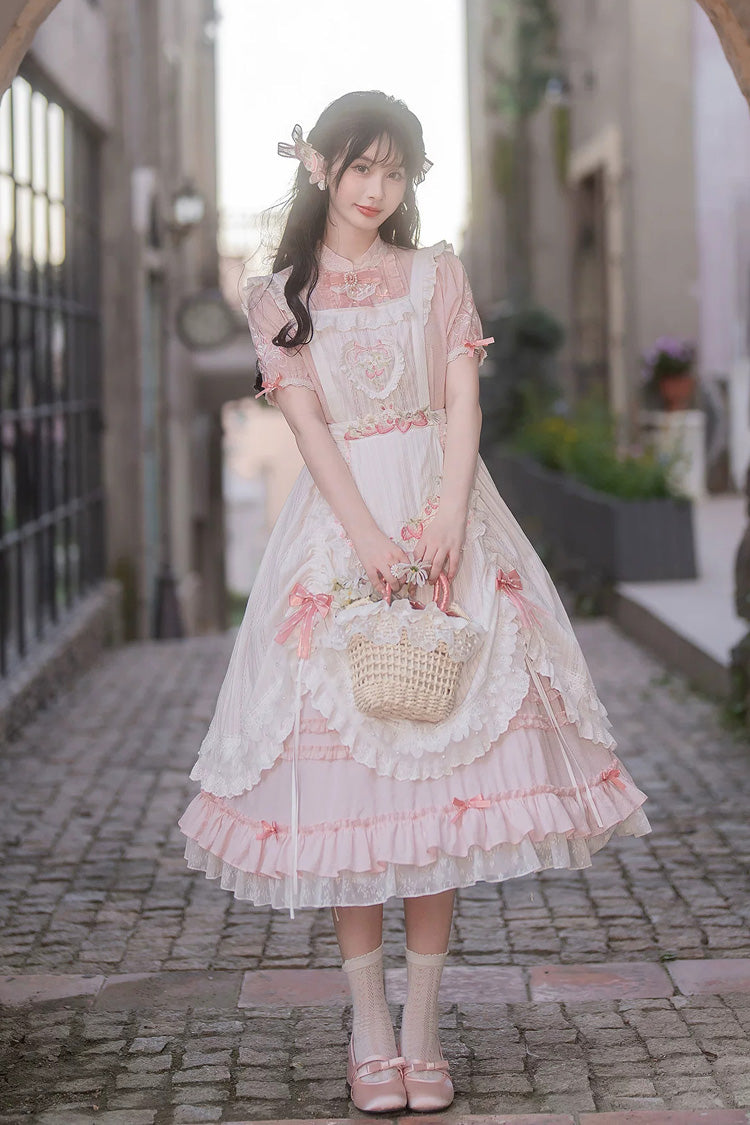 Blush Mandarin Collar Short Sleeve Ruffled Embroidered Lace Sweet Chinese Inspired Lolita Gown