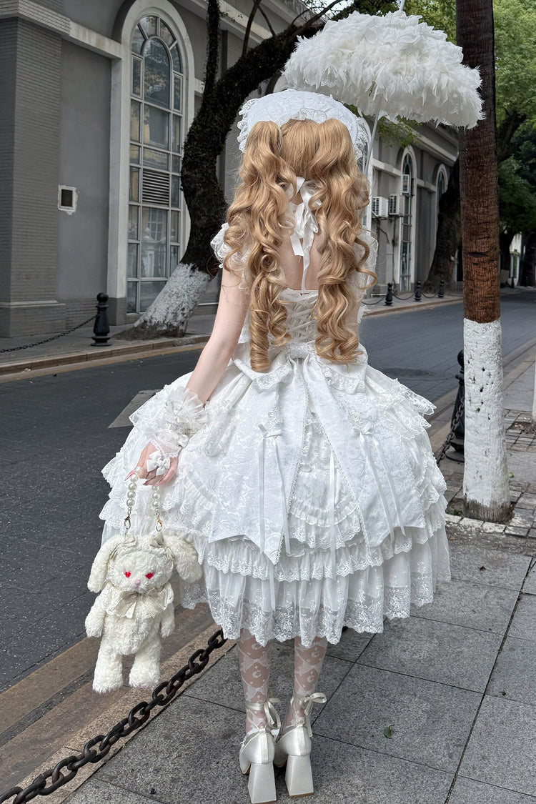 Ivory Square Collar Sleeveless Multi Bridal Embroidered Bow Lace JSK