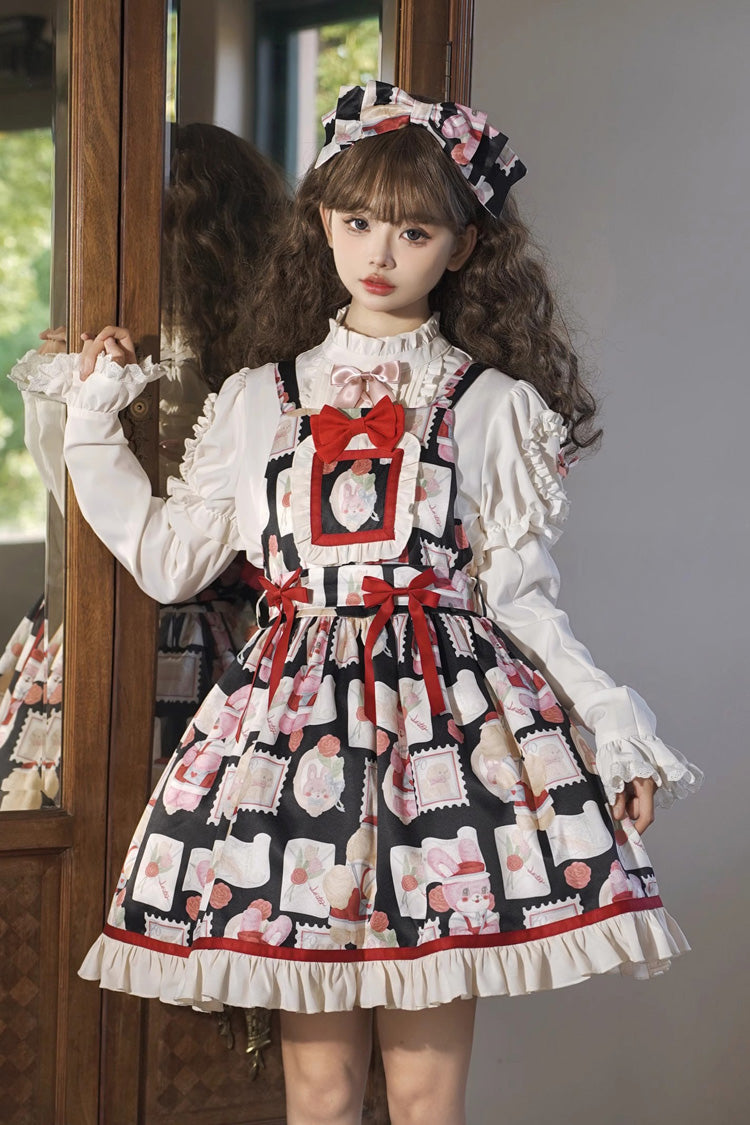 Rabbit Letter Print Ruffle Bow Sweet Princess Lolita Strap Dress