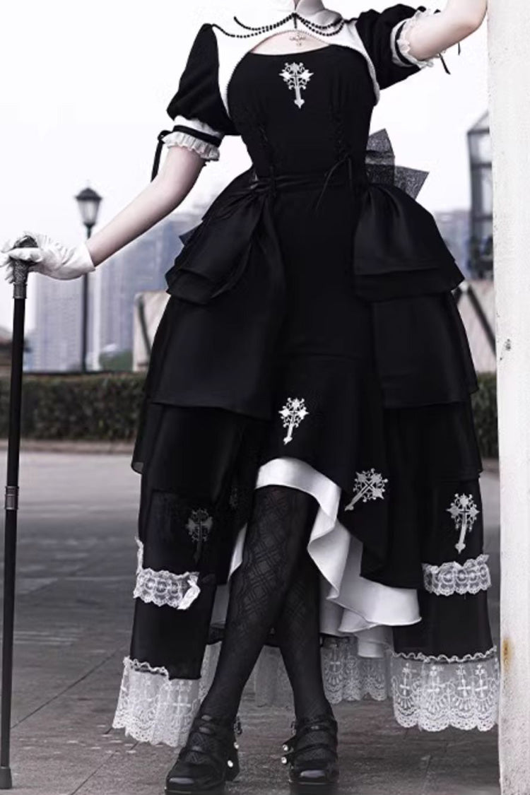 Gothic Lolita Nun-Inspired Lace Ensemble with Sheer Details