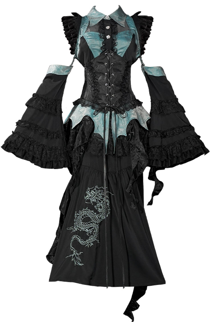 Sky Dragon Chinese Gothic Lolita Embroidered Skirt Set with Print
