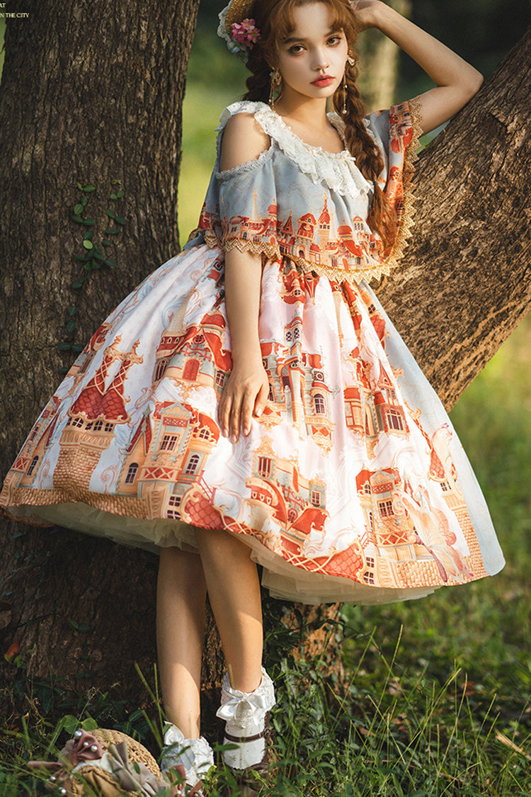 Multi-Color Oil Painting Printed Sweet Lolita Dress - Off Shoulder Short Sleeved