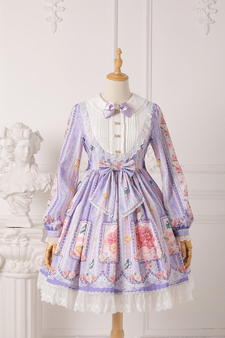 Blueberry Print Long Sleeves Ribbon Girly Princess Lolita Dress - 4 Shades