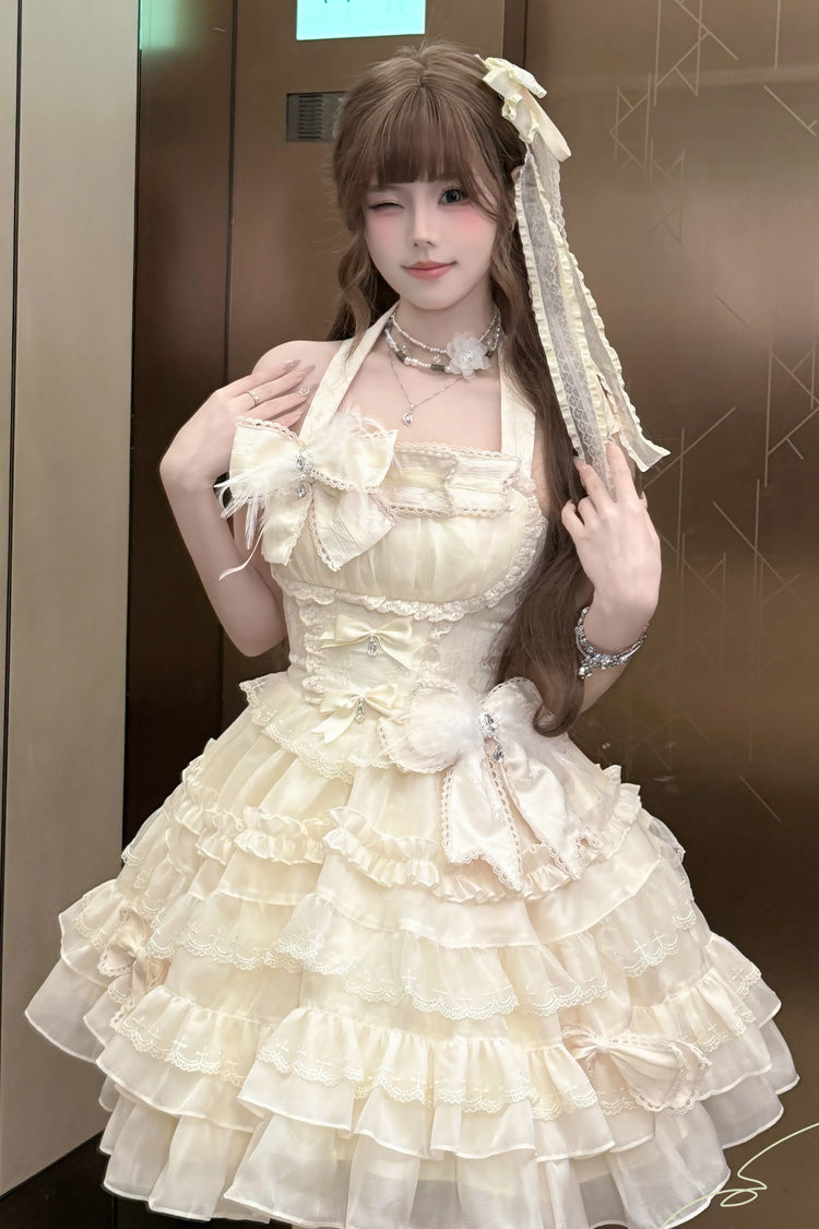 Swan Overture Apricot Halterneck Sleeveless Multi-Layered Ruffle Bowknot Lace Sweet Dress