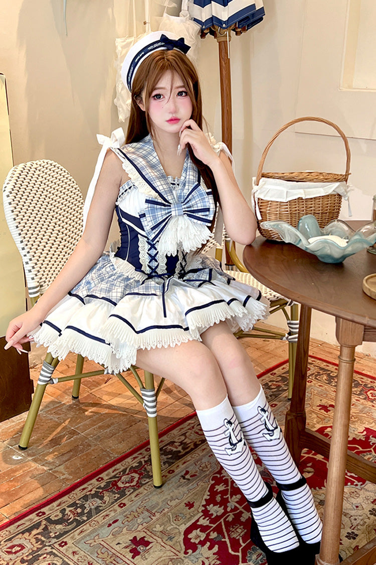 Blue/White Sailing Love Navy Collar Sleeveless Plaid Print Ruffle Ribbon Girly Lolita Dress
