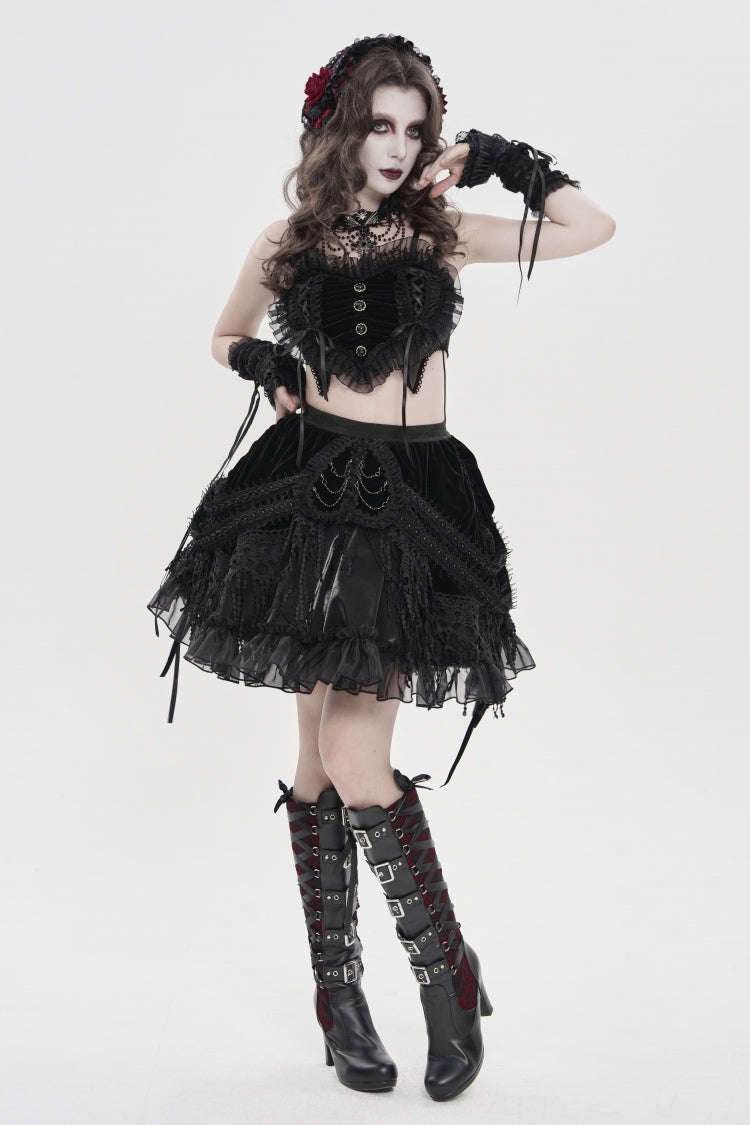 Dark Ruffled Corset with Bow Accents and Off-Shoulder Design
