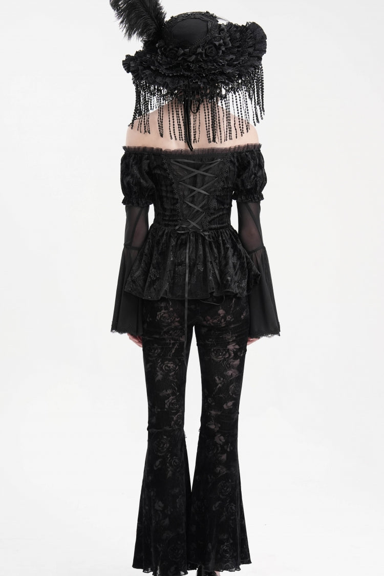 Sheer Black Hollow Lace-Up Mesh Long Sleeve Halter Gothic Blouse