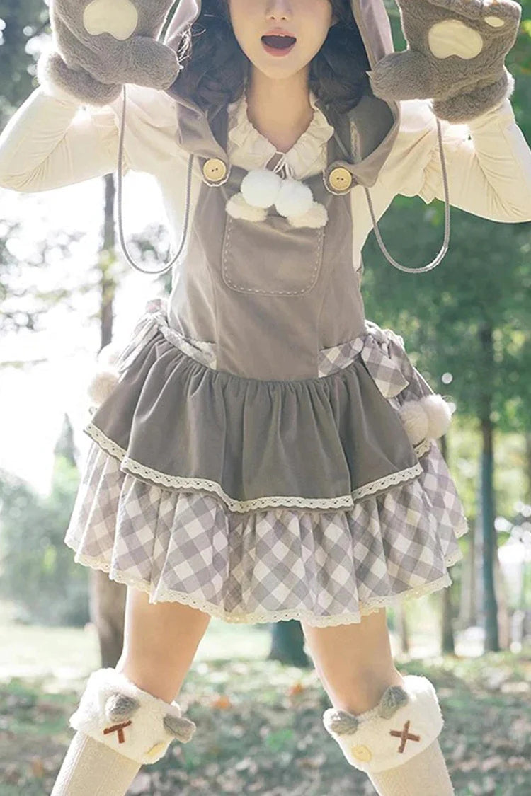 Grey Cute Grizzly Bear Plaid Bowknot Sweet Lolita Jsk Dress