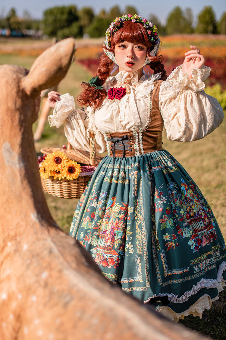 Green Velvet Classic Lolita JSK Dress with Berries and Birds Print Ruffle Bowknot