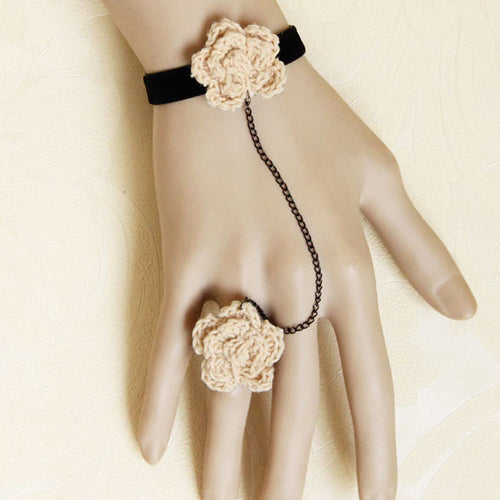 Black Velvet Lolita Ring Bracelet with White Wool Flower and Retro Simplicity