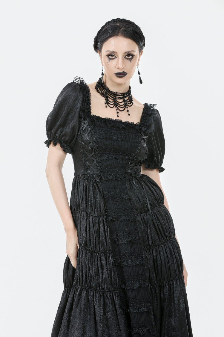 Square Collar Short Puff Sleeve Lace-Up Ruched Gothic Wedding Dress for Women Lace