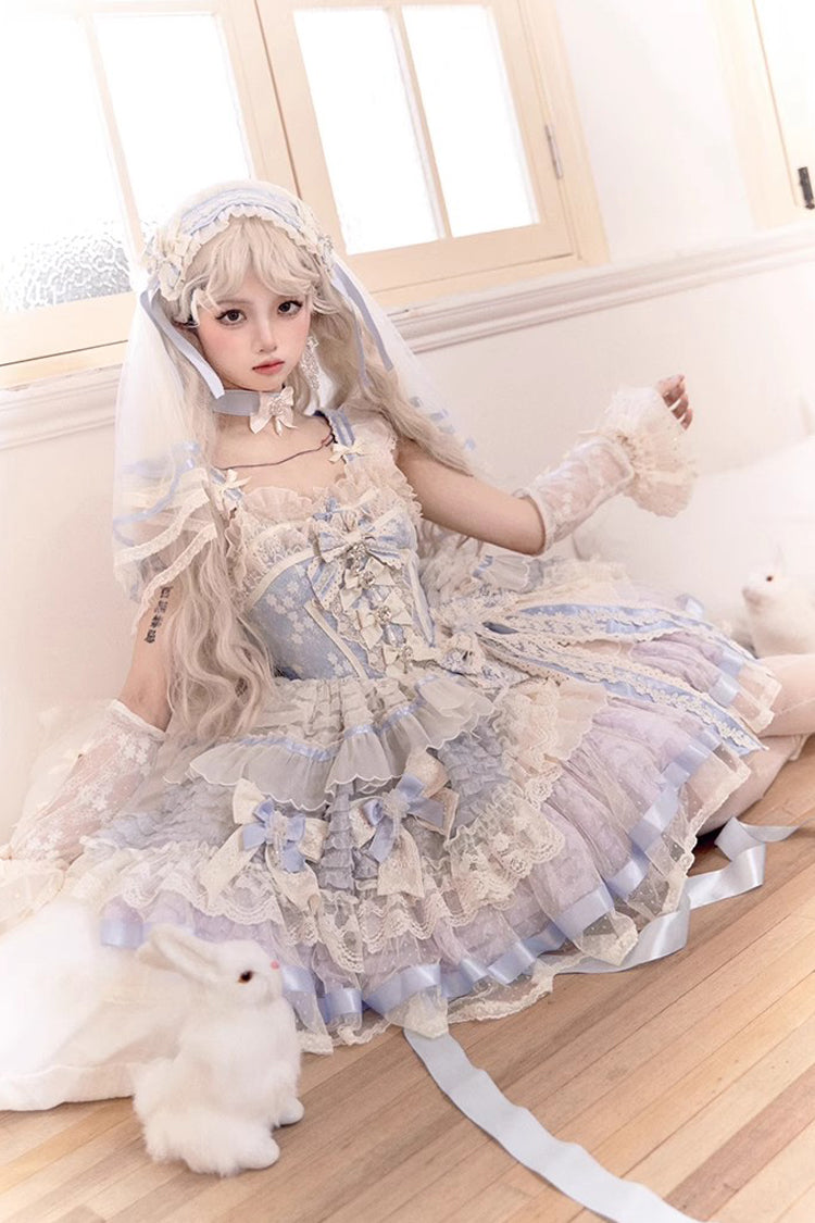 Moonstone Sleeveless Ruffle Embroidery Bow Lace Fishbone Princess Dress in Blue