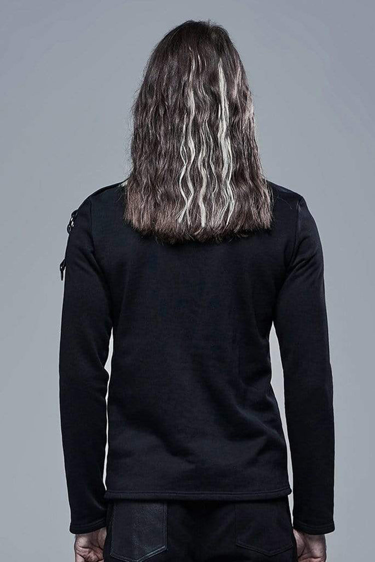 Jet-Black Knit Tee with Faux Leather Lacing and Split Front for Men