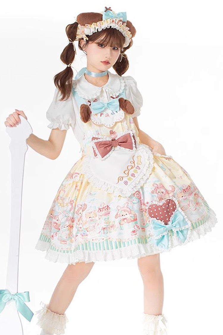 Multi Print Ruffle Bow Vintage Lolita Strap Dress