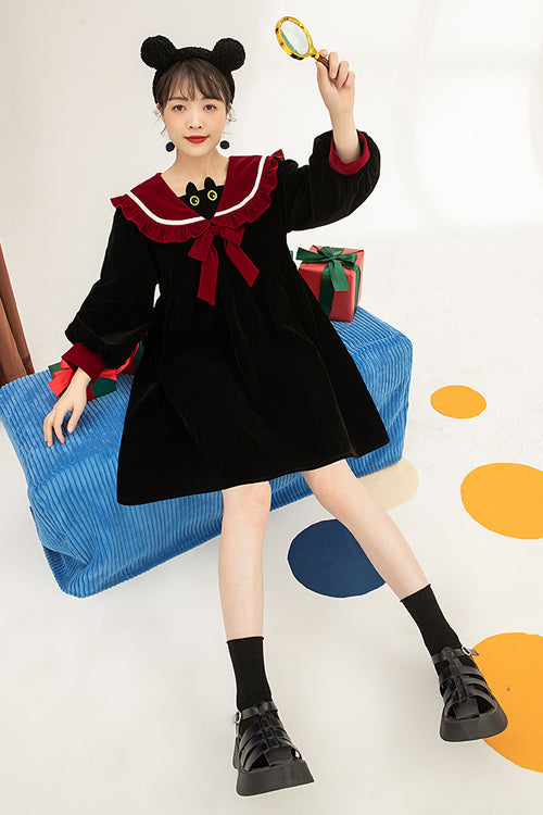 Noir Velvet Cat-Eye Neck Sweet Lolita Dress with Long Sleeves