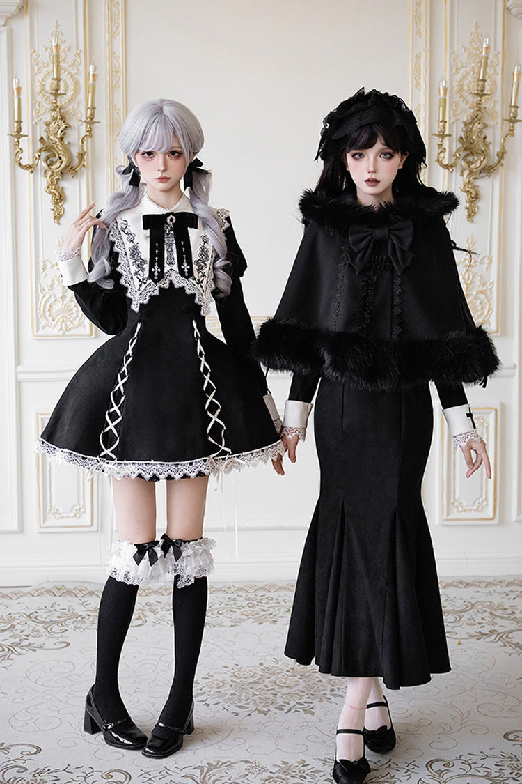 Rose Doll Square Collar Lace-Up Gothic Lolita Dress Set with Bow