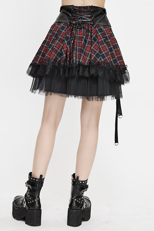 Scottish Tartan Lace-Up Punk Skirt with Bag