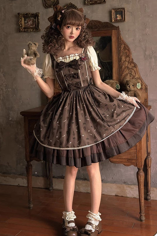 Brown Print Bow Sweet Elegant Princess Dress - Hot Air Balloon