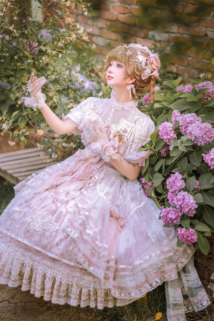 Ivory and Pink Sunset Realm Short Sleeve Printed Ruffled Hanayome Bow Lace Gorgeous Sweet Lolita Dress Set
