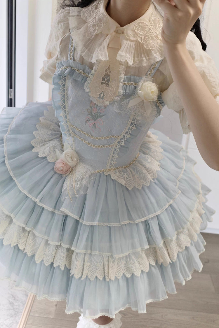 Good Night Tulip Sleeveless Multi-Tiered Ruffled Embroidered Lace Sweet Ballet Lolita Jumper Dress Two Colors