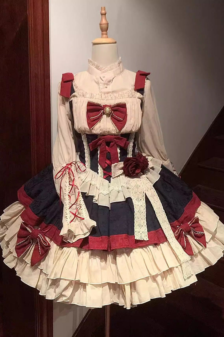 Snow White Multi-Color Triple-Layer Ruffle Bow Sweet Lolita Dress with Shirt