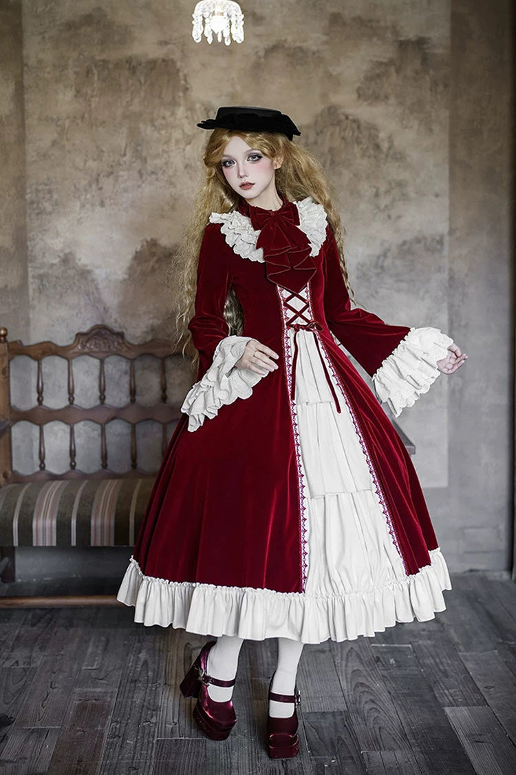 Gothic Lolita Dress with Ruffled Open-Front Bow and Lace-Up - Red