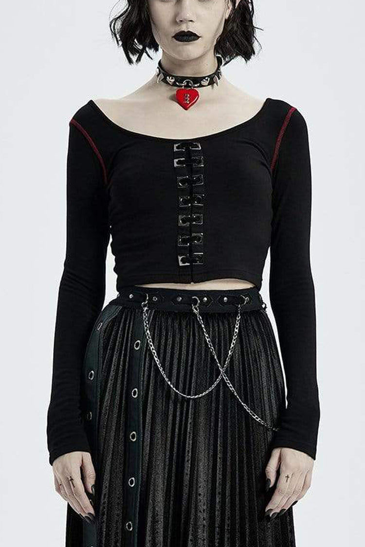 Sable Crewneck Long-Sleeve Front Metal Square Eyelets Fitted Punk Tee for Women