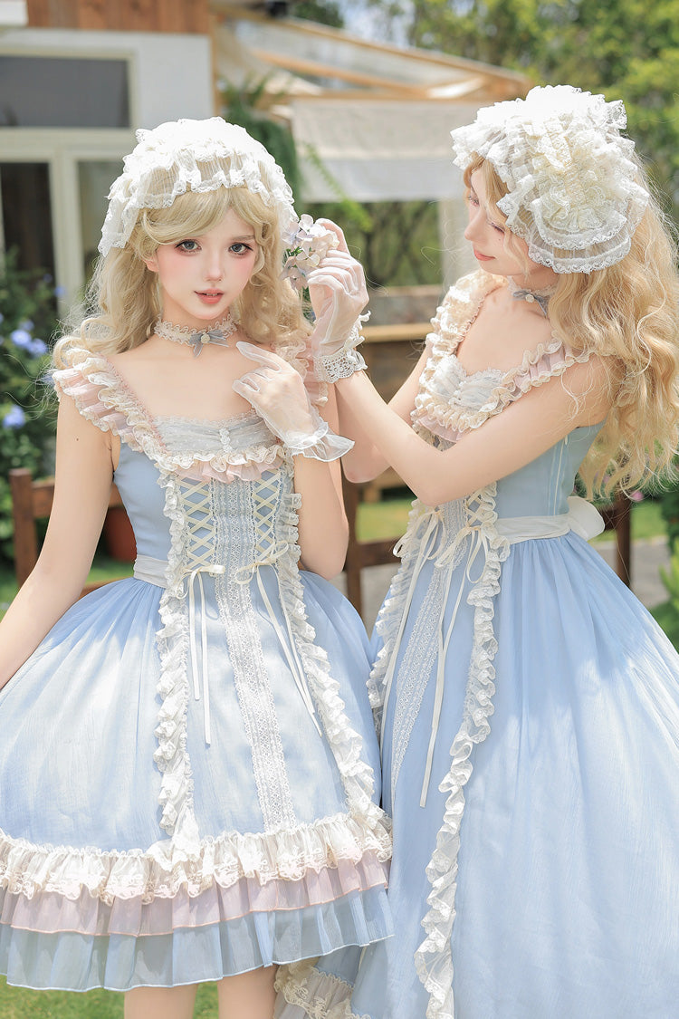 Island Diary Square Collar Flutter Sleeves Triple-Layered Ruffled Lace-Up Sweet Lolita Jsk Dress 2 Versions - Blue
