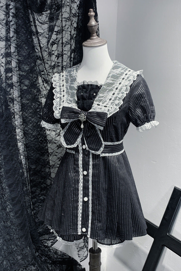 Black [Serenade] Short Sleeve Ruffle Bowknot Lace Sweet Jirai Kei Gown Set