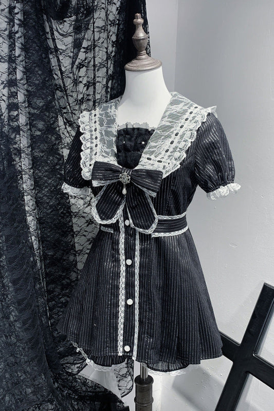 Black Serenade Short Sleeve Ruffle Bow Lace Sweet Jirai Kei Dress Set