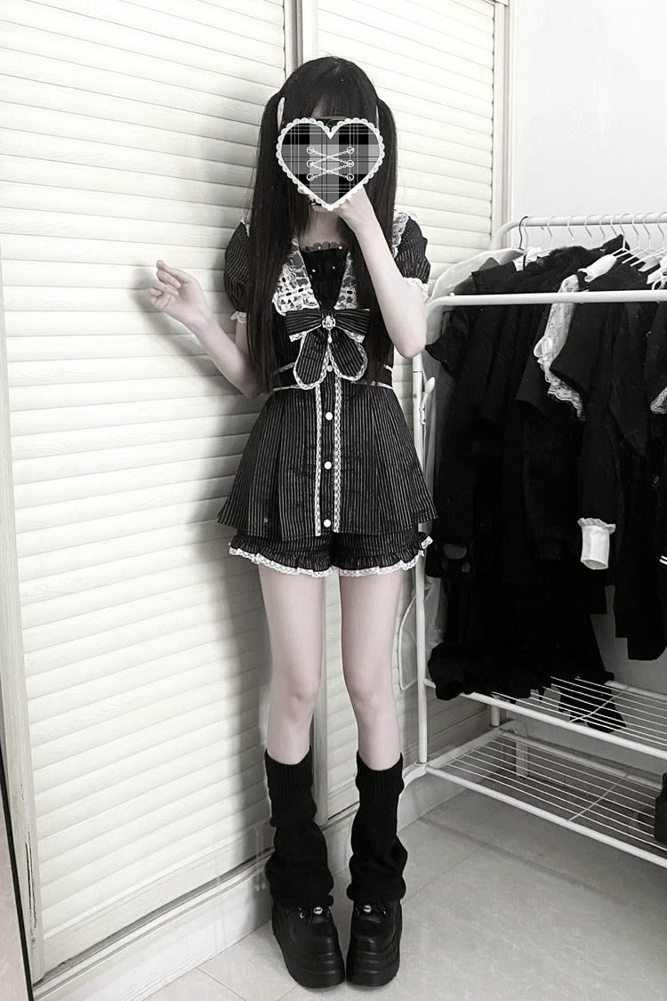 Black Serenade Short Sleeve Ruffle Bow Lace Sweet Jirai Kei Dress Set