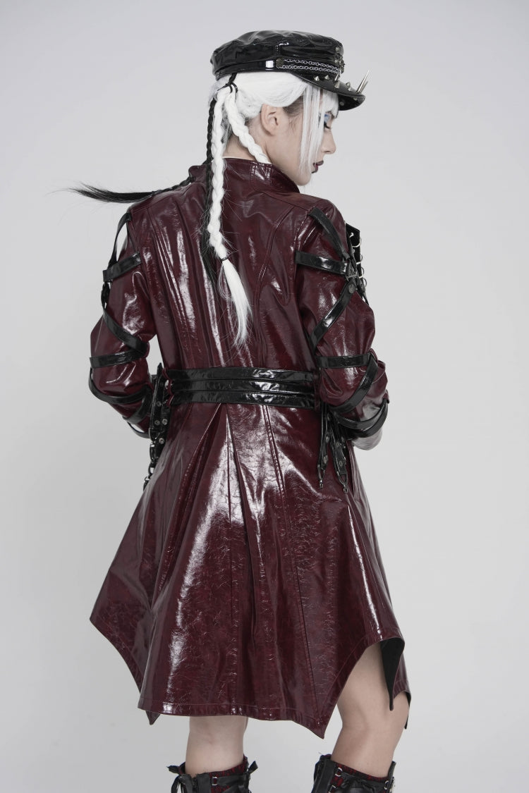 Crimson Lapel Lace-Up Irregular Eyelets Punk Coat