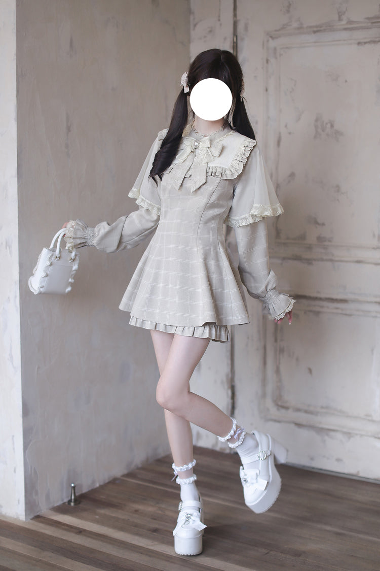 Tan Cocoa Brownie Plaid Bow-Trimmed Jirai Dress