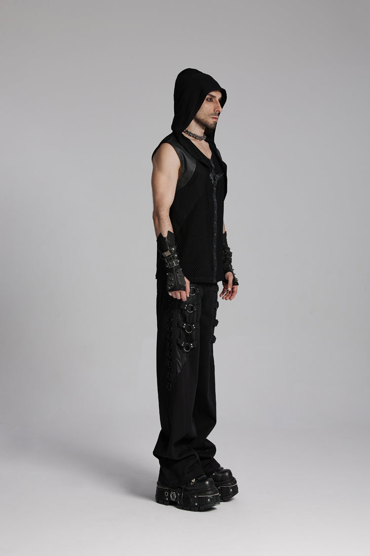 Hooded Eyelet Punk Sleeveless Vest with V-Neck