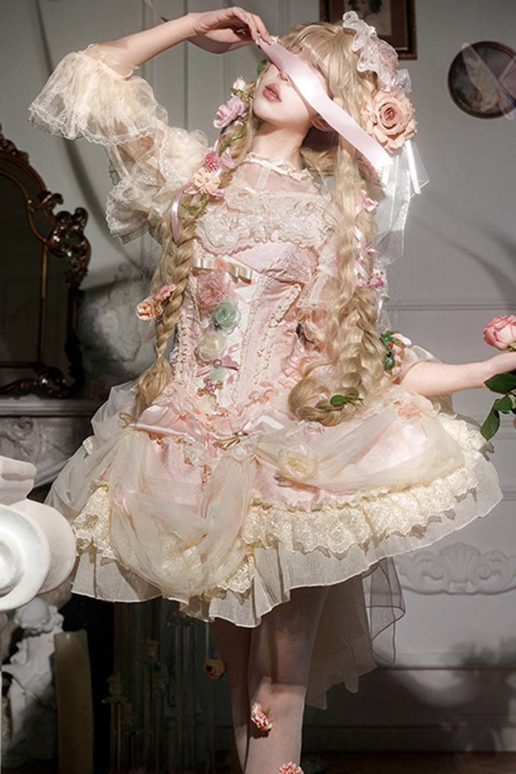 Dream Garden Ruffle Hanayome Embroidery Bow Lace Fishbone Princess Gorgeous JSK Dress in Pink