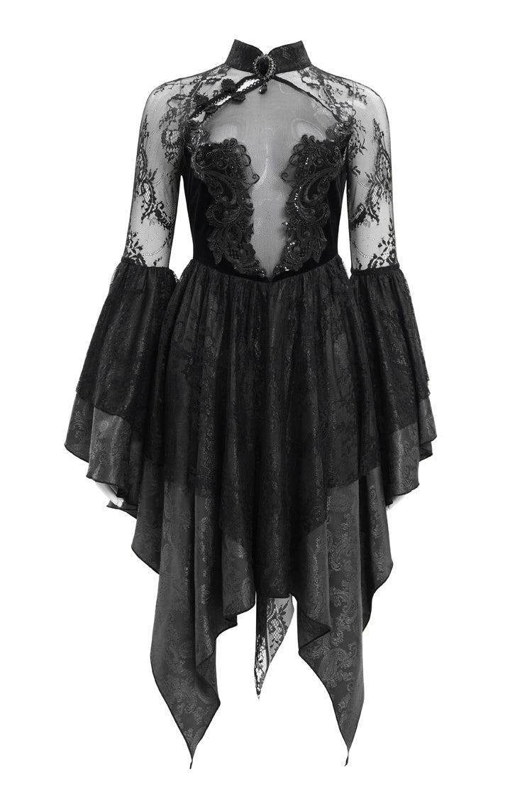 Black Long Sleeves Embroidery Lace Up Irregular Mesh Gothic Dress