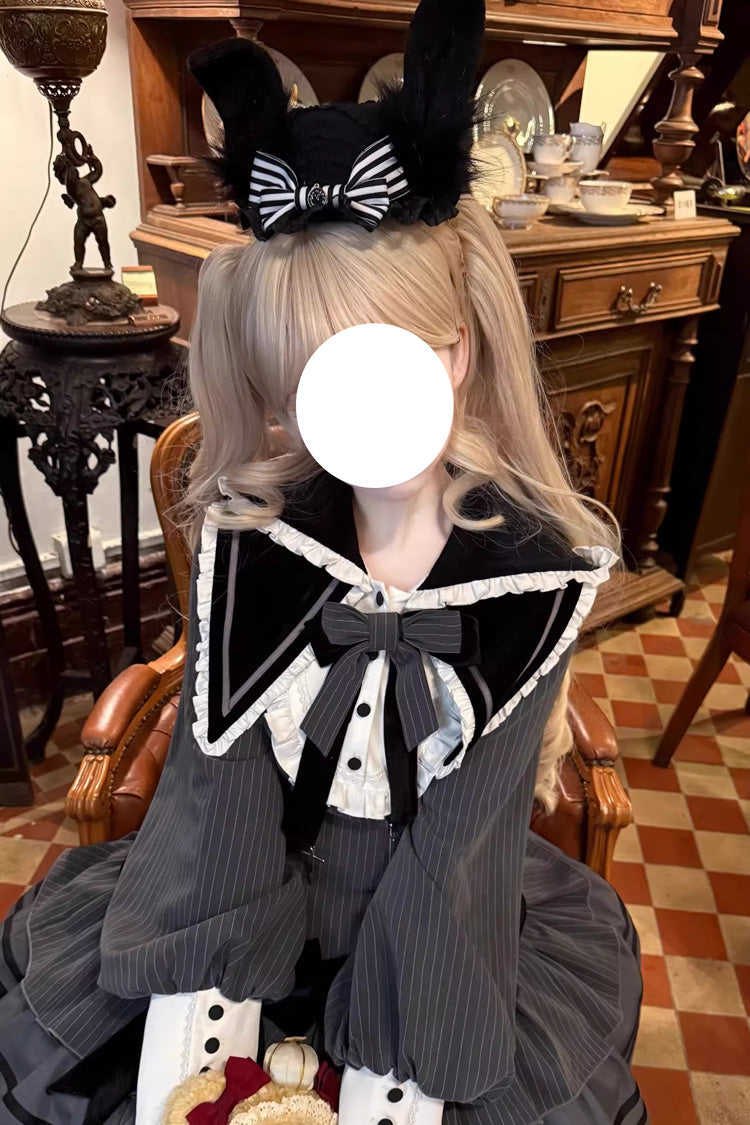 Navy Collar Long-Sleeved Printed Ruffled Bow Gothic Lolita Dress