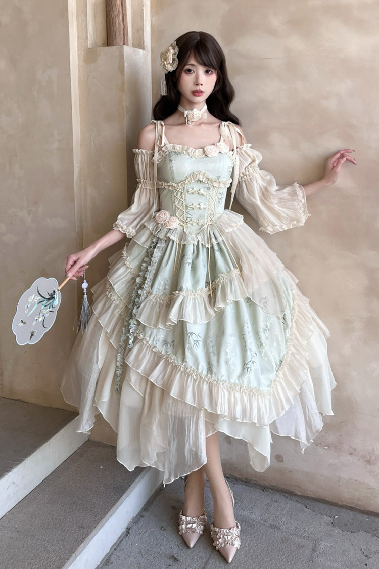 Green Tea Bamboo Song Sleeveless Jacquard Ruffle Bow Lace Chinese Ballet Jsk Dress