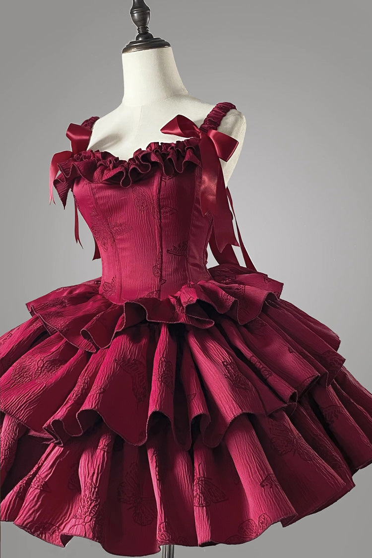 Wine Red Sleeveless Multi-Layer Ruffle Bowknot Fish Bone Gothic Lolita Jsk Dress