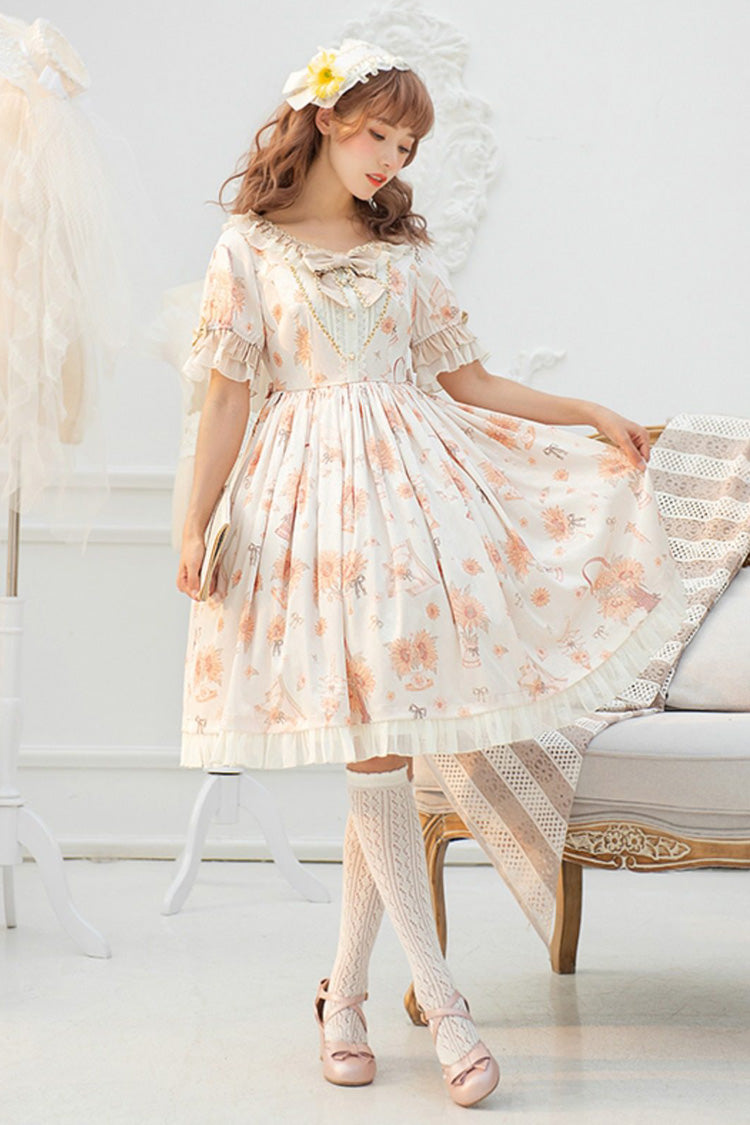 Cream Miss Sunflower Short Sleeve Printed Bow Frilled Sweet Lolita Dress