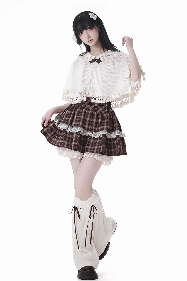 Brown Double-Layer Printed Ruffled Spliced Lace Sweet Skirt - Warm Summer Days