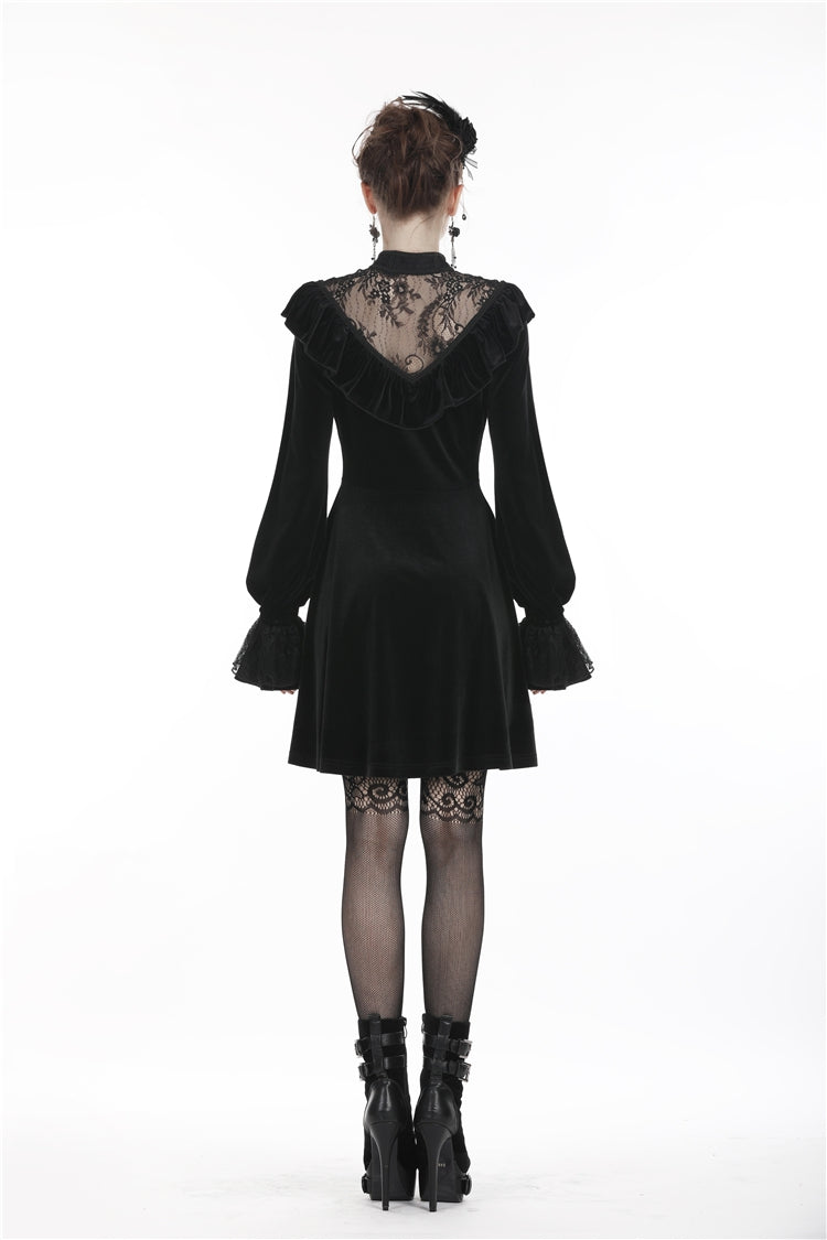 Deep V-Neck Ruched Velvet Lolita Dress with Lace Details