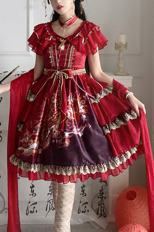 Elegant High Waist Lolita Dress - Ruffled Short Sleeve, Print