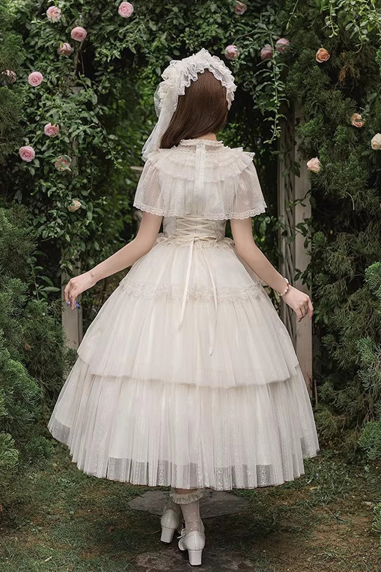 Elegant Sweet Lolita Dress with Edwardian Collar and Ruffled Bow - Ivory