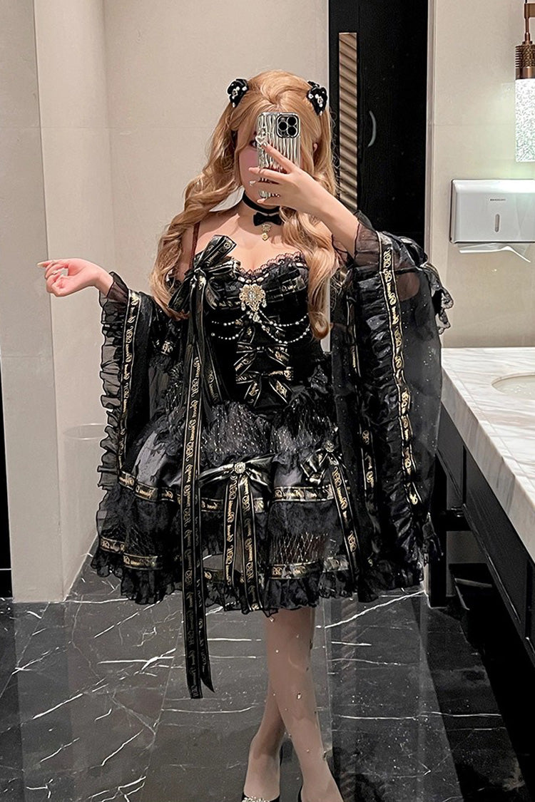Black Sleeveless Double-Layered Ruffle Bow Pearl Gothic Dress
