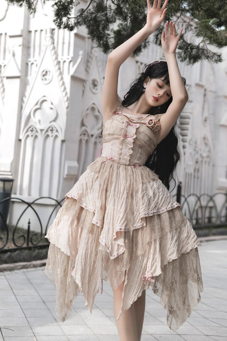 Yellow Sleeveless High-Waist Print Asymmetric Sweet Lolita JSK