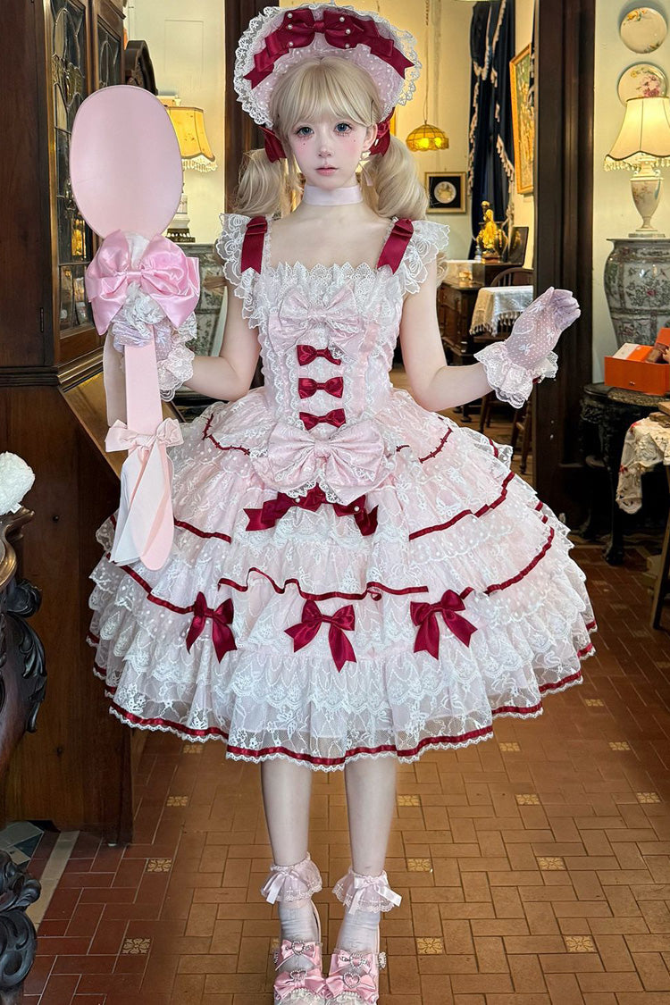 Pink Moon-Tide Butterfly’s Call Sleeveless Multi-Tiered Ruffle Bow Lace Sweet Lolita Jumper Dress