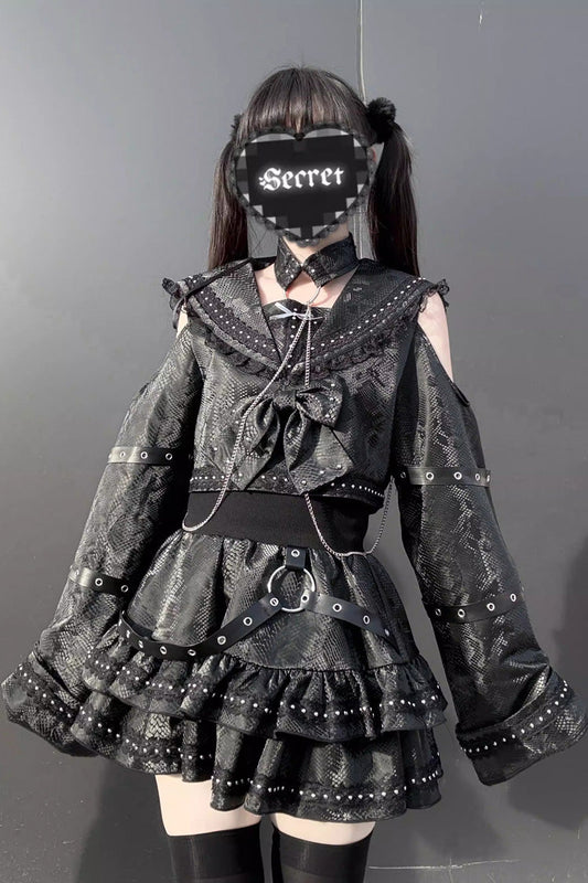 Serpent Navy Collar Snake Printed Studded Gothic Skirt Set